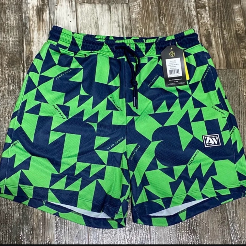 Unisex Zumba Green and Blue Geometric Shorts